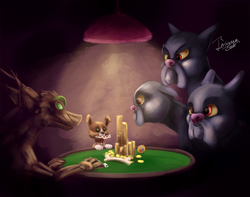 Size: 1266x1000 | Tagged: safe, artist:insanerobocat, cerberus (character), winona, cerberus, dog, timber wolf, g4, bone, canines, card game, cute, dogs playing poker, gambling, mouth hold, multiple heads, parody, poker, signature, table, three heads, trio