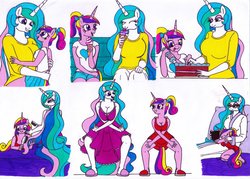 Size: 1600x1148 | Tagged: safe, artist:killerteddybear94, princess cadance, princess celestia, alicorn, pony, anthro, plantigrade anthro, g4, arm boob squeeze, aunt and niece, auntlestia, bathrobe, book, bow, breasts, busty princess cadance, busty princess celestia, cake, clothes, cute, cutedance, cutelestia, daaaaaaaaaaaw, dancing, duo, duo female, eyes closed, female, food, frosting, glasses, hairbrush, holding, ice cream, licking, lidded eyes, mare, miniskirt, momlestia, multicolored mane, multicolored tail, nightgown, open mouth, pajamas, ponytail, reading, royalty, shirt, skirt, sleeping, slippers, smiling, t-shirt, teen princess cadance, tongue out, traditional art