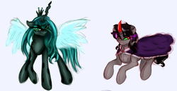 Size: 1255x647 | Tagged: dead source, safe, artist:fanaticpanda, king sombra, queen chrysalis, changeling, changeling queen, pony, unicorn, g4, female