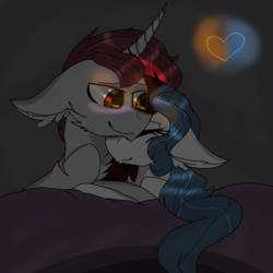 Size: 2560x2560 | Tagged: safe, artist:brokensilence, oc, oc only, oc:lenn, oc:mira songheart, blanket, blushing, cuddling, cute, duo, high res, lennheart, long mane, snuggling