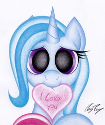 Size: 1466x1740 | Tagged: safe, artist:thechrispony, trixie, pony, unicorn, g4, :3, cute, diatrixes, female, heart, looking at you, love, mouth hold, simple background, solo, valentine's day, white background