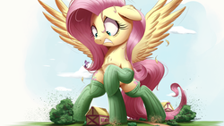 Size: 3000x1688 | Tagged: safe, artist:ncmares, fluttershy, twilight sparkle, alicorn, pony, g4, chest fluff, clothes, commission, crush fetish, destruction, fetish, floppy ears, flying, giant pony, giantshy, gritted teeth, growth, macro, raised hoof, socks, spread wings, twilight sparkle (alicorn)