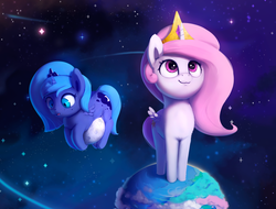 Size: 1200x910 | Tagged: safe, artist:rodrigues404, princess celestia, princess luna, alicorn, pony, :3, cewestia, cute, cutelestia, duo, female, filly, filly celestia, filly luna, fluffy, freckles, frown, giant pony, looking up, lunabetes, macro, open mouth, pink-mane celestia, planet, pony bigger than a planet, prone, royal sisters, small wings, smiling, space, standing, stars, sweet dreams fuel, tangible heavenly object, wide eyes, woona, younger