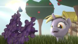 Size: 1280x720 | Tagged: safe, artist:scientsit, dinky hooves, butterfly, pony, g4, 3d, apple tree, derp, female, happy, lens flare, plant, poster, solo, source filmmaker, sun, tall grass, tree