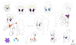 Size: 2500x1500 | Tagged: safe, artist:divlight, pinkie pie, rarity, saffron masala, g4, spice up your life, accessory swap, blushing, partial color, prone, raised hoof, sketch, sketch dump