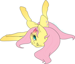 Size: 769x656 | Tagged: safe, artist:wintereousflame, fluttershy, pony, g4, accident, cute, female, floppy ears, looking at you, looking up, on back, one eye closed, scrunchy face, shyabetes, simple background, solo, transparent background