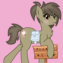 Size: 1000x1000 | Tagged: safe, artist:aaa-its-spook, artist:spook, oc, oc only, oc:sweethooves, earth pony, pony, pony town, blushing, brown eyes, brown mane, butt blush, butt freckles, chest fluff, cute, freckles, holding, looking at you, ponytail, saddle bag, short tail, sign, silly, smiling, solo, tongue out