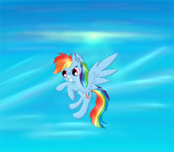 Size: 3309x2898 | Tagged: safe, artist:brok-enwings, rainbow dash, pony, g4, female, flying, grin, high res, sky, smiling, solo, spread wings