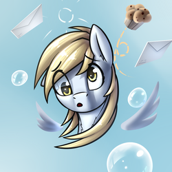 Size: 1000x1000 | Tagged: safe, artist:justafallingstar, derpy hooves, pegasus, pony, g4, bubble, bust, female, food, mare, muffin, portrait, solo