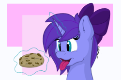 Size: 1107x731 | Tagged: safe, artist:kundofox, oc, oc only, oc:seafood dinner, pony, unicorn, bow, cookie, food, magic, simple background, solo, tongue out