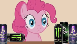 Size: 612x352 | Tagged: safe, edit, edited screencap, screencap, pinkie pie, earth pony, pony, your little pets, g4, aluminum can, amp energy, can, drink, emotionless, energy drink, female, mare, monster energy, soda can, solo, stare, this will not end well, uh oh, wide eyes, xk-class end-of-the-world scenario