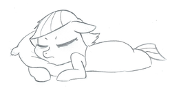 Size: 640x338 | Tagged: artist needed, safe, limestone pie, earth pony, pony, g4, female, monochrome, pillow, simple background, sketch, sleeping, solo, traditional art, white background