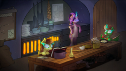 Size: 1024x579 | Tagged: safe, artist:breakdream, starlight glimmer, oc, oc:frost d. tart, oc:golden lily, alicorn, pegasus, pony, unicorn, g4, alicorn oc, bipedal, book, brother and sister, cooking, female, fiducia compellia, food, kitchen, magic, male, mare, mind control, smiling, stallion