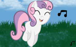 Size: 1024x640 | Tagged: safe, artist:silversthreads, sweetie belle, pony, unicorn, g4, cute, diasweetes, female, filly, happy, redraw, singing, solo