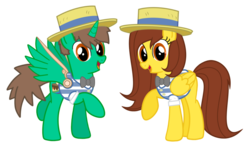 Size: 1024x605 | Tagged: safe, artist:water-kirby, flam, flim, oc, oc only, oc:frost d. tart, oc:golden lily, alicorn, pony, alicorn oc, boater, bowtie, brother and sister, clothes, cosplay, costume, flim flam brothers, hat, vest