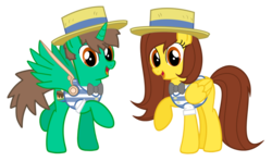 Size: 1024x605 | Tagged: safe, artist:water-kirby, flam, flim, oc, oc only, oc:frost d. tart, oc:golden lily, alicorn, pony, g4, alicorn oc, boater, bowtie, brother and sister, clothes, cosplay, costume, flim flam brothers, hat, vest