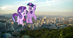 Size: 2816x1479 | Tagged: safe, artist:itv-canterlot, artist:logan859, artist:twls7551, starlight glimmer, twilight sparkle, alicorn, pony, unicorn, g4, duo, giant pony, giant starlight glimmer, highrise ponies, irl, macro, mega twilight sparkle, photo, ponies in real life, seoul, south korea, twilight sparkle (alicorn)