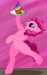 Size: 329x520 | Tagged: safe, artist:onyxpenstroke, pinkie pie, earth pony, pony, g4, backbend, baking, blurry background, cupcake, female, food, looking up, rainbow cupcake, solo, standing, standing on one leg