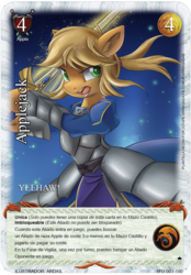 Size: 709x1016 | Tagged: safe, artist:ardail, edit, applejack, earth pony, pony, semi-anthro, g4, armor, artoria pendragon, card, card game, clothes, crossover, ear fluff, excalibur, fate/stay night, female, game, mitos y leyendas tcg, myths and legends tcg, open mouth, saber, solo, spanish, sword, tcg, trading card, trading card edit, weapon