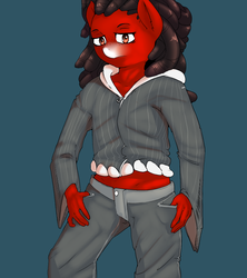 Size: 1000x1125 | Tagged: source needed, useless source url, safe, artist:violise, oc, oc only, oc:florid, anthro, clothes, dreadlocks, red and black oc, solo