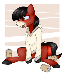 Size: 1280x1462 | Tagged: safe, artist:marsminer, oc, oc only, oc:florid, earth pony, pony, blushing, clothes, drunk, hoodie, red and black oc, sitting, solo, tongue out