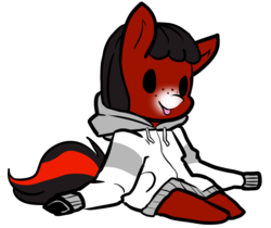 Size: 1862x1562 | Tagged: safe, artist:neoncel, oc, oc only, oc:florid, pony, chibi, clothes, cute, freckles, hoodie, red and black oc, simple background, sitting, smiling, smolpone, solo, tongue out, transparent background