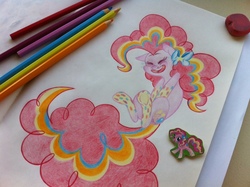 Size: 1280x956 | Tagged: safe, artist:kluzart, pinkie pie, earth pony, pony, g4, bow, colored pencil drawing, colored pencils, eyes closed, female, hair bow, happy, mare, rainbow power, solo, traditional art