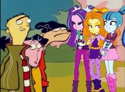 Size: 964x713 | Tagged: safe, adagio dazzle, aria blaze, sonata dusk, equestria girls, g4, crossover, double d, ed (ed edd n eddy), ed edd n eddy, edd, eddy (ed edd n eddy), pop goes the ed, the dazzlings, the eds