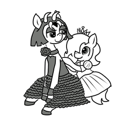 Size: 640x600 | Tagged: safe, artist:ficficponyfic, oc, oc only, oc:duncan, oc:emerald jewel, colt quest, clothes, crossdressing, cute, dress, femboy, male, monochrome