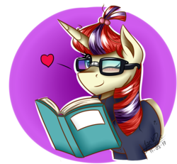 Size: 1300x1200 | Tagged: safe, artist:jack-pie, moondancer, pony, g4, book, clothes, female, glasses, heart, one eye closed, signature, simple background, solo, wink