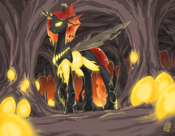 Size: 5400x4200 | Tagged: safe, artist:the-minuscule-task, oc, oc only, oc:sanguine dreams, changeling, changeling queen, absurd resolution, cave, changeling queen oc, egg, female, hive, solo, yellow changeling