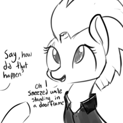 Size: 810x811 | Tagged: safe, artist:tjpones, fizzlepop berrytwist, tempest shadow, pony, unicorn, g4, my little pony: the movie, broken horn, clothes, cute, dialogue, disembodied hoof, eye scar, female, grayscale, happy, horn, looking up, mare, monochrome, open mouth, pointing, scar, shirt, simple background, sketch, smiling, solo focus, white background