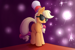 Size: 1500x1000 | Tagged: safe, artist:heir-of-rick, applejack, earth pony, pony, g4, applebutt, butt, dock, female, freckles, glasses, hat, looking at you, looking back, mare, paparazzi, plot, raised tail, smiling, solo, sunglasses, tail, top hat, underhoof