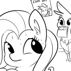 Size: 792x792 | Tagged: safe, artist:tjpones, fluttershy, gilda, griffon, pegasus, pony, g4, birb, chef's hat, cute, ear fluff, frown, gildadorable, grayscale, hat, looking back, looking over shoulder, monochrome, mouth hold, nervous, poster, restaurant, simple background, sketch, spatula, sweat, the twilight zone, this will end in tears and/or breakfast, to serve man, white background