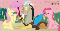 Size: 4096x2150 | Tagged: safe, artist:cinnamon-swirls, discord, fluttershy, pinkie pie, draconequus, earth pony, pegasus, pony, g4, blushing, chocolate, chocolate rain, female, food, high res, licking, licking lips, looking at each other, male, rain, ship:discoshy, shipping, story included, straight, tongue out, umbrella