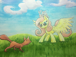 Size: 1280x960 | Tagged: safe, artist:kittyhawk-contrail, fluttershy, fox, rabbit, g4, badass, eye contact, flutterbadass, grass field, looking at each other, protecting, scenery, spread wings, stare, the stare, traditional art