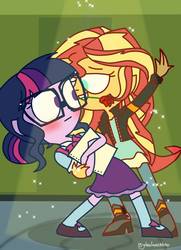 Size: 999x1378 | Tagged: safe, artist:psychodiamondstar, sci-twi, sunset shimmer, twilight sparkle, equestria girls, g4, blushing, boots, bowtie, clothes, dancing, female, flower, glasses, high heel boots, jacket, leather jacket, lesbian, lockers, looking at each other, mary janes, rose, ship:sci-twishimmer, ship:sunsetsparkle, shipping, shoes, skirt, smiling, socks, sparkles, spotlight