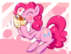 Size: 1390x1050 | Tagged: safe, artist:haden-2375, pinkie pie, pony, g4, blueberry, eating, eyes closed, female, food, heart, maple syrup, nom, pancakes, solo, whipped cream