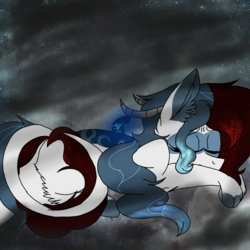 Size: 2560x2560 | Tagged: safe, artist:brokensilence, oc, oc only, oc:mira songheart, draconequus, chest fluff, cute, dark background, draconequified, feather, high res, horns, sleeping, solo, species swap