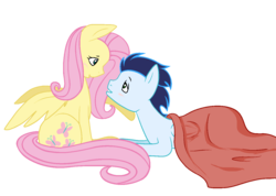 Size: 1308x932 | Tagged: safe, artist:margaretlovez, fluttershy, soarin', pony, g4, blanket, blushing, duo, eye contact, female, looking at each other, male, prone, shipping, simple background, sitting, soarinshy, straight, transparent background, vector