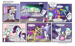 Size: 1921x1181 | Tagged: safe, artist:pencils, coco pommel, plaid stripes, rarity, oc, oc:sweet dream, earth pony, pony, unicorn, comic:sunday slice of pony, g4, cash register, clothes, comic, crossdressing, dancing, dialogue, door, exotic dancer, eyes closed, female, lights, looking at each other, magic, male, male dancers, mare, model, modeling, open mouth, raised hoof, smiling, speech bubble, stallion