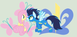 Size: 1932x924 | Tagged: safe, artist:xxdipperkittyxx, fluttershy, soarin', pony, g4, cutie mark background, eye contact, female, looking at each other, male, profile, shipping, soarinshy, straight