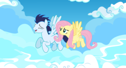 Size: 1800x971 | Tagged: safe, artist:lunaticdawn, fluttershy, soarin', pegasus, pony, g4, duo, female, floating, flying, male, shipping, sky, soarinshy, straight, vector