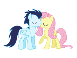Size: 1000x750 | Tagged: safe, artist:lunaticdawn, fluttershy, soarin', pegasus, pony, g4, cute, eyes closed, female, folded wings, kiss on the lips, kissing, male, mare, raised hoof, shipping, simple background, soarinshy, stallion, straight, transparent background, vector, wings