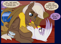 Size: 470x341 | Tagged: safe, artist:sorcerushorserus, dumbbell, gilda, griffon, pegasus, pony, comic:dash academy, g4, bed, bedroom eyes, come hither, comic, cropped, cuddling, female, flirting, gildabell, hotel, implied sex, interspecies, male, shipping, snuggling, stallion, straight, this will end in snu snu, toxic relationship