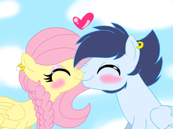 Size: 2667x2000 | Tagged: safe, artist:smileverse, fluttershy, soarin', pony, g4, blushing, cloud, female, heart, high res, love, male, nuzzling, shipping, sky, soarinshy, straight