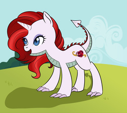 Size: 3543x3167 | Tagged: safe, artist:kalidiaz, oc, oc only, oc:ruby heart, dracony, hybrid, original species, dragicorn, grin, high res, interspecies, interspecies offspring, offspring, parent:rarity, parent:spike, parents:sparity, smiling, solo