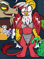 Size: 245x331 | Tagged: safe, artist:sorcerushorserus, discord, oc, oc:red sorena, fish, g4, alternate clothes, armor, belly button, chainmail, chainmail bikini, comic, cropped, loincloth, magic, midriff, poof, unconvincing armor