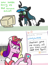 Size: 589x808 | Tagged: safe, artist:jargon scott, princess cadance, queen chrysalis, alicorn, changeling, pony, g4, cadance's pizza delivery, fire, food, irony, oven, peetzer, pizza, pun, pure unfiltered evil, queen cashierysalis, review, trolling