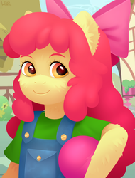 Size: 1162x1530 | Tagged: safe, artist:furuwaru, apple bloom, earth pony, anthro, g4, adorabloom, clothes, cute, female, overalls, ponyville, smiling, solo